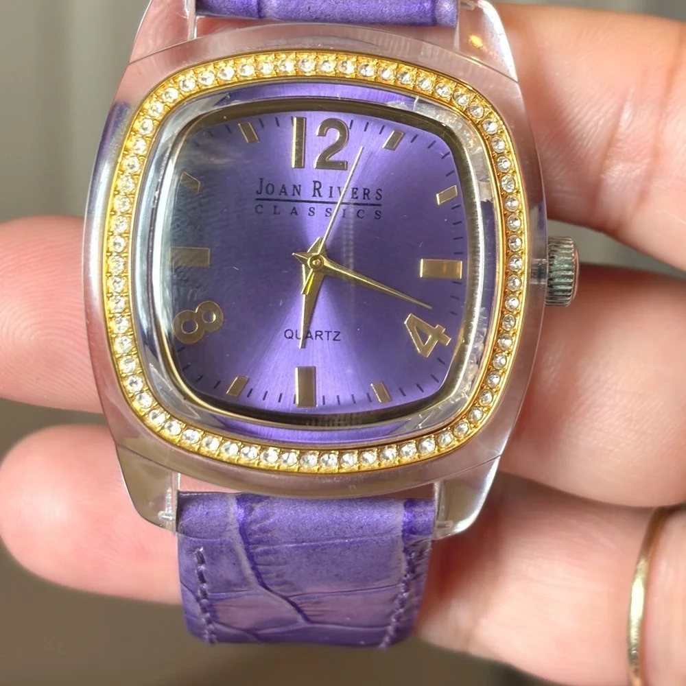 Joan Rivers Classics Purple Dial Crystal Bezel Acrylic Case‎ Leather Watch